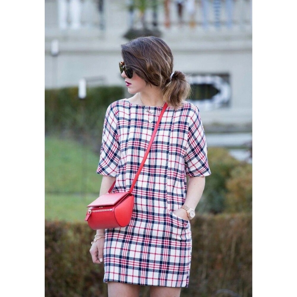 Zara Basic Shift Wool Blend Tartan Checked Dress sz S Multicolor
